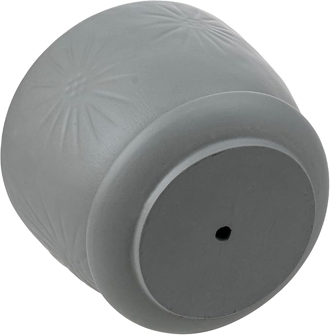 MyGift 7 Inch Grey Ceramic Plant Pot with Drainage Hole and Attached Saucer, Modern Decorative Embossed Sunburst Planter Container for Indoor Home Garden