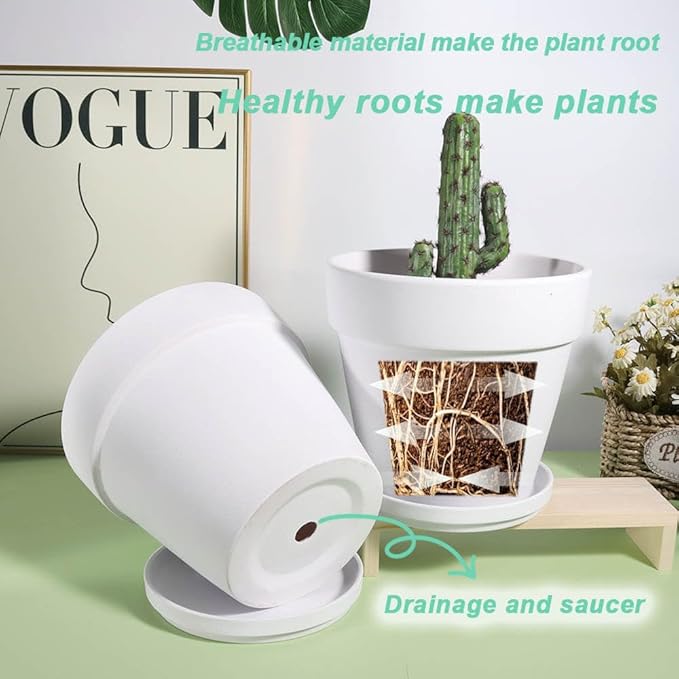 vensovo White Terracotta & Clay Pots with Saucer - 6 Pack 5 Inch Terra Cotta Pot Ceramic Pottery Planter Cactus Flowerpots Drainage Hole, Great for Plants, Crafts and Wedding Favor