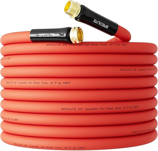 SPECILITE 5/8" Hot/Cold Rubber Garden Water Hose 50 ft, -50℉-190℉, 200psi Working, 600psi Burst, Flexible & Lightweight With 3/4" Brass Fittings for Yard, Outdoor, Farm, Agriculture, Construction, Red
