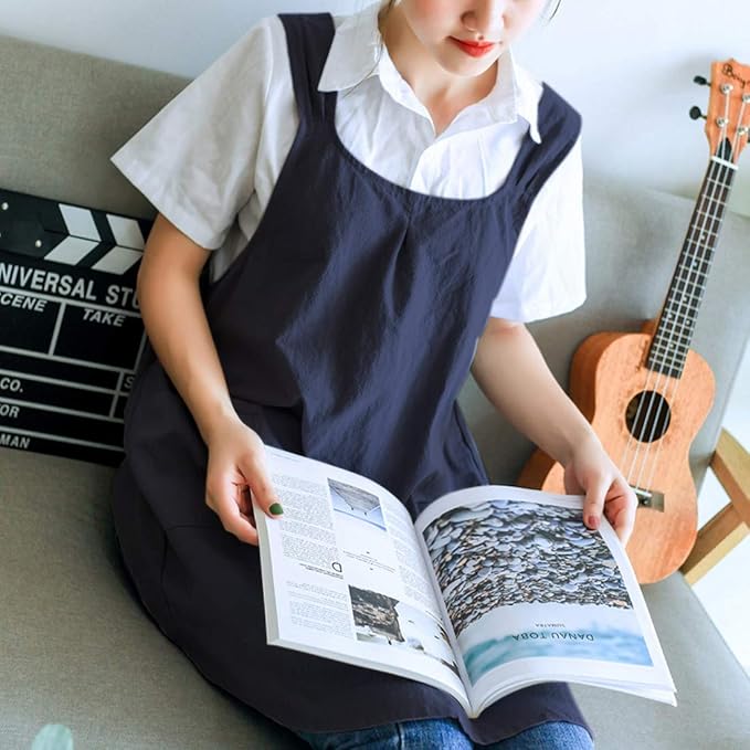 NEWGEM Japanese Linen Cross Back Cooking Aprons for Women Men with Pockets Cute for Baking Kitchen