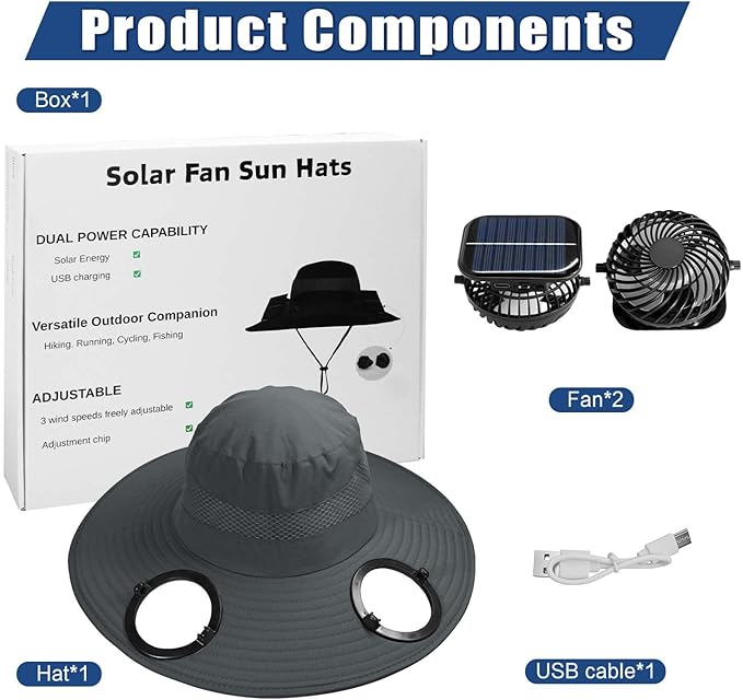 Solar Fan Hat for Men Women - Wide Brim Solar Fan Outdoor Fishing Hat with 2 Removable Fans