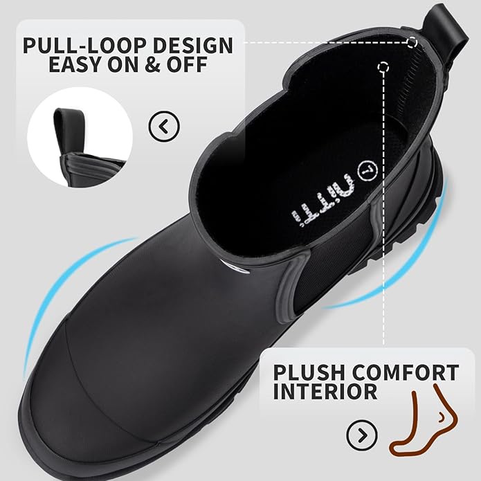 NITTI Women's Waterproof Short Rain Boots Slip-Resistant Rubber Chelsea Garden Shoes with Comfort Insole