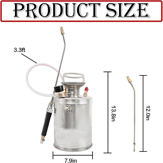 Hand Pump Sprayer Stainless Steel Sprayer for Indoor and Outdoor 1 Gallon Sprayer 12 in Wand 3.3 FT Hose