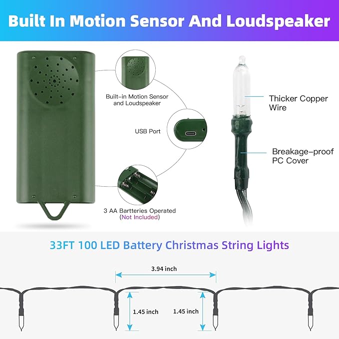 33FT 100LED String Lights,Battery Christmas Music Light Waterproof,Motion Sensor Christmas Lights with 6 Modes for Indoor Outdoor Yard Patio Garden Xmas Tree Decor