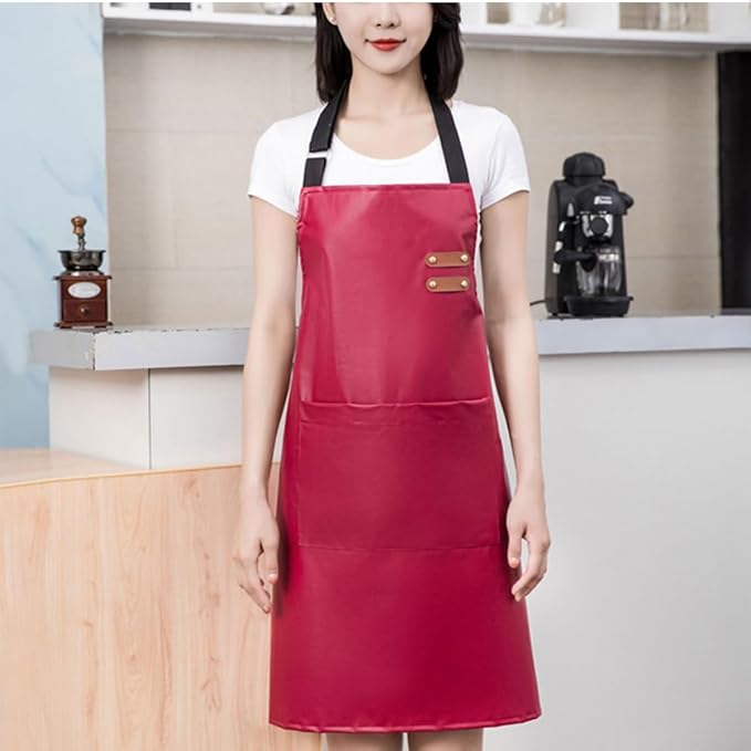 Waterproof Apron Large Pocket PU Material Waterproof Oil-proof Dust-proof Apron Black and Red