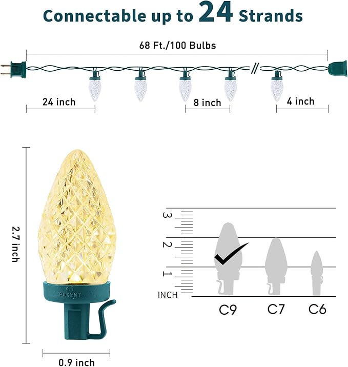 C9 Led Christmas String Lights 68Ft 100 LED with All in One Clips Outdoor Waterproof Strawberry Roof Lights, Commercial Grade Extendable for Indoor Outside Roofline Home Xmas Decoration, Warm White