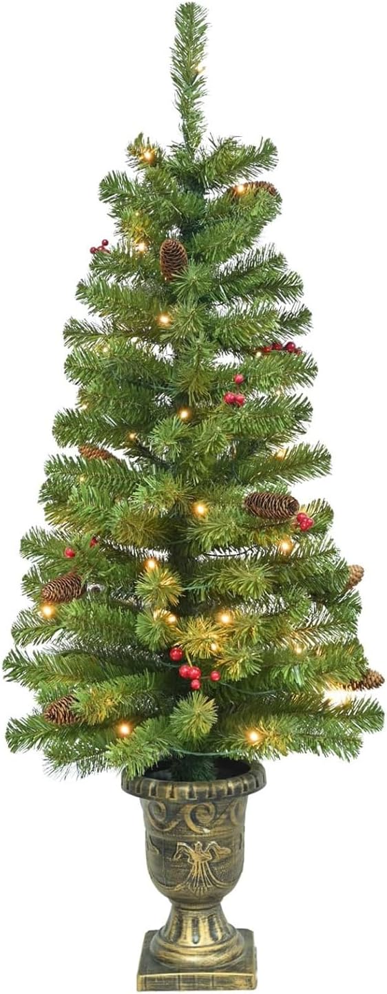 4FT Artificial Potted Christmas Tree with Lights, Pre-lit Mini Christmas Tree with 50 LED Lights, Small Fake Spruce Tree with 140 Branch Tips, Pine Cones&Red Berries, Battery Operated