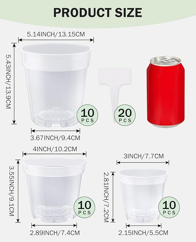 homenote Clear Nursery Pots for Plant,3/4/5 Inch Plant Pot for Planting Plastic Seedling with Drainage Holes Seed Starter Flower High Transparency 20 Labels Excellent Hardness(30 Pack)