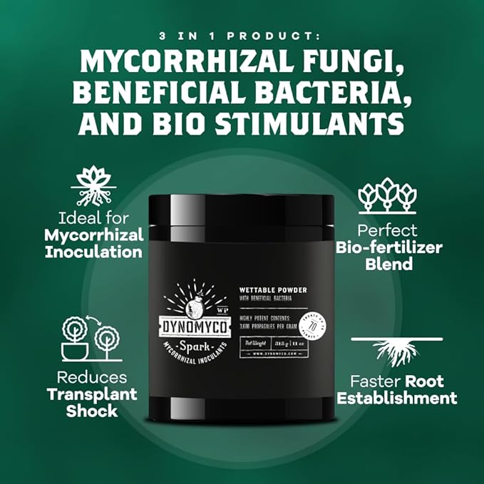 DYNOMYCO Spark WP Mycorrhizal Fungi, 11oz Wettable Powder – 3-In-1 Root Enhancer Amplifies Nutrient Uptake & Yield – Treats 70Plants, Indoor/Outdoor Bio-Stimulant – Dissolves Fast in Seed Starter Soil