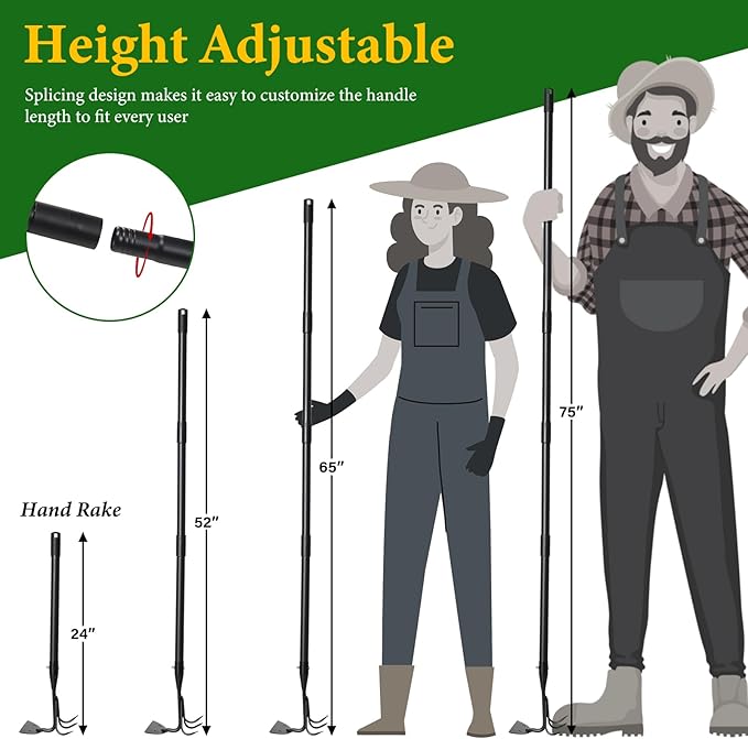 2 in 1 Hoe Garden Tool for Weeding& Cultivator - 52 inch Heavy Duty Garden Hoe with Upgraded Claw 3-Tine Tiller Rake,Long Handle Weed Grass Removal Tools for Gardening,Soil Loosening,Planting,Digging