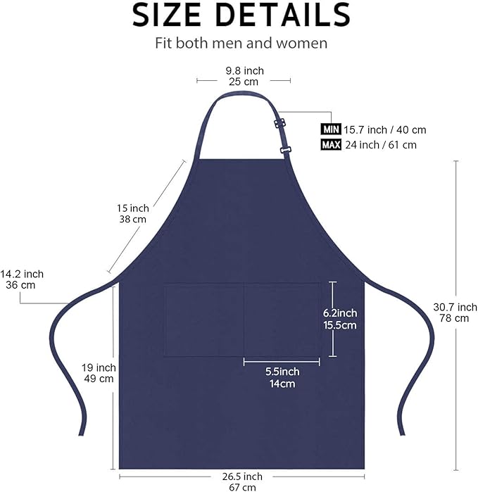 4 Pack Chef Apron, Waterproof Apron, Adjustable Apron with 2 Pockets for Men Women, Apron for Cooking Baking Restaurant (Polyester Blend, Navy Blue)
