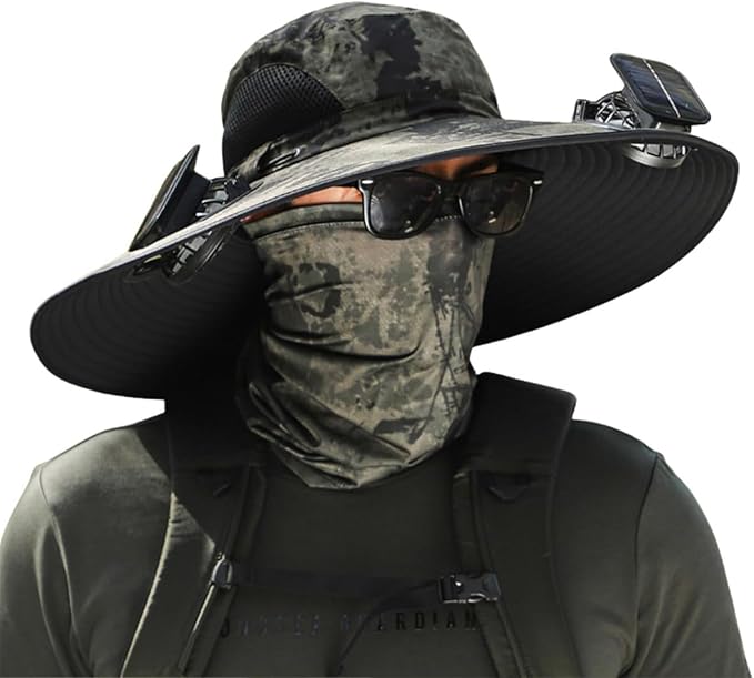 Men's Solar & USB Charging Wide Brim UPF50+ Sun Hat with Dual Fans for Outdoor Activities (Black, Medium)