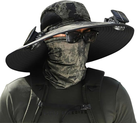 Men's Solar & USB Charging Wide Brim UPF50+ Sun Hat with Dual Fans for Outdoor Activities (Black, Medium)