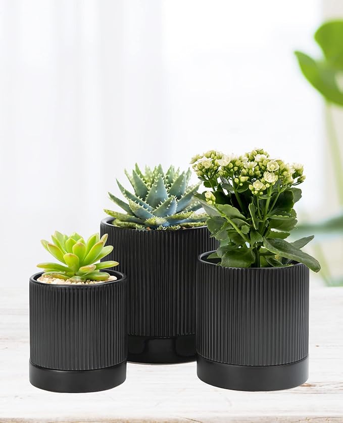LaDoVita 3 Pack Ceramic Plant Pots 6/5/4 inch, Flowerpot for Indoor Plants with Drainage Holes and Tray, Outdoor Garden Planters, Modern Decorative for Home, Black Vertical Stripes