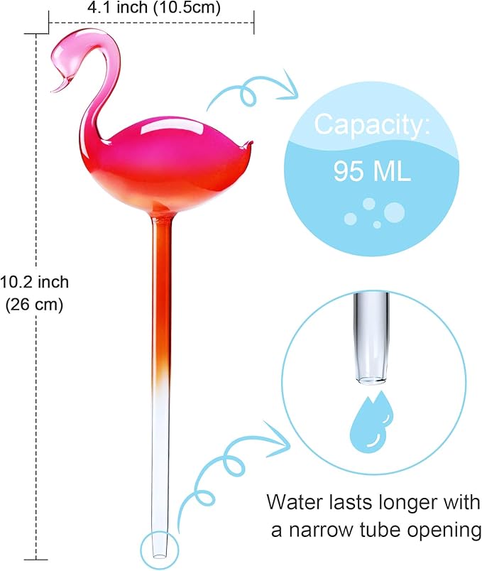 Self-Watering Glass Globes 2PCS Flamingo Gradient Hot Pink 10" Long Hand Blown Bulbs Pot Plant Waterer Home Indoor Outdoor Garden Patio Hanging Flower Spike Decorative Automatic Irrigation System