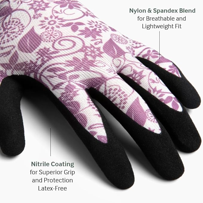 Garden Gloves 6-pack Womens Ladies Lightweight Floral Gloves with Nitrile Grip for Gardening Landscaping Weeding Work Gloves