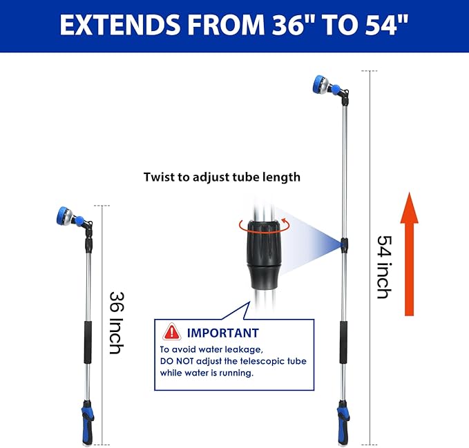 Telescoping Watering Wand for Garden Hose, 36”-54” Adjustable, 10 Spray Patterns, Heavy-Duty Hose Nozzle with Thumb Control & Pivoting Head, Ideal for Hanging Baskets and Shrubs, Blue
