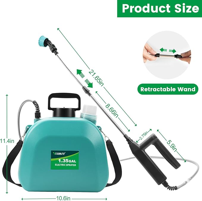 VAXMAY Battery Powered 1.35 Gallon Electric Sprayer, 3 Speeds, 4 Nozzles, Rechargeable, Green, Garden & Lawn