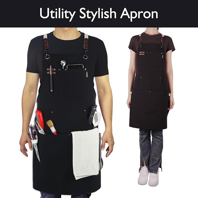 Kitchen Apron, Work Apron, Canvas, Multiple Pockets, Gardening, Painting, BBQ, Artist, Carpenter, Sizes M to XXL, Black