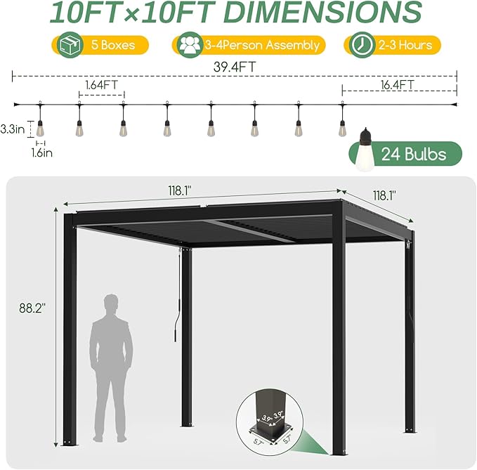 LVUYOYO Outdoor Louvered Pergola 10' x 10' with LED String Lights, Aluminum Pergola with Adjustable Roof, Waterproof Metal Gazebo for Patio, Backyard, Garden, Deck (10x10FT with Lights)