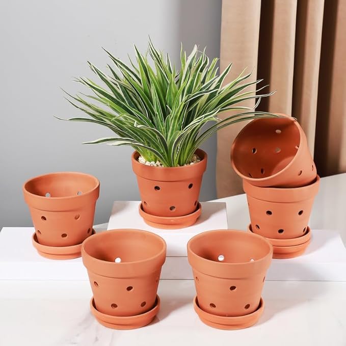 Yishang 5.5 Inch Clay Orchid Pots with Drainage Holes & Saucers - 6 Pack Small Terracotta Planter Pots for Repotting, Plant Flower Pots for Orchid Indoor & Outdoor, Promotes Air Circulation