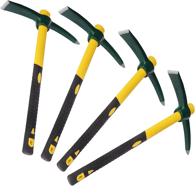4 Pack 15 Inch Mattock Hoe, Steel Forged Pickaxe with Fiberglass Handle, Weeding Pick Axe, Hand Digging Mattock for Camping, Prospecting, Weeding