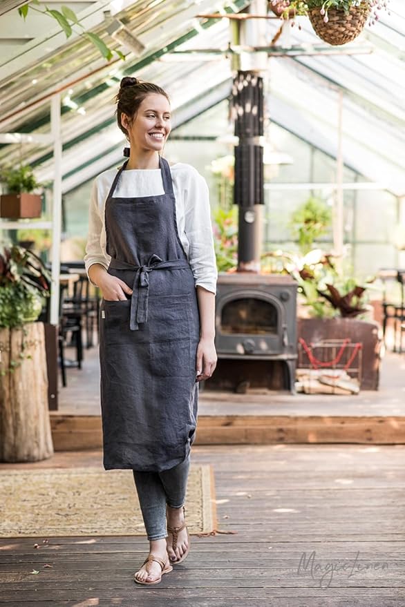 MagicLinen 100% Linen Apron - Cooking, Gardening, Grilling, Painting Apron with Pockets - Perfect for Women and Men
