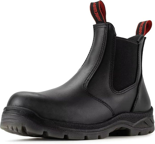 SUREWAY Men's Slip-On Work Boots for Men,Full Grain Leather,Anti-Static,Water/Slip Resistant,Fire Station Mechanic Industrial Construction Safety Boots/Shoes for Men