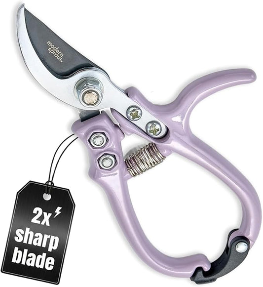 Modern Sprout Hand Pruners - Lightweight Pruning Shears W/Easy Lock- Gardening Scissors - Bypass Sharp Carbon Steel Blade - Rust Resistant - Garden Tools - Reusable Holster - Lavender