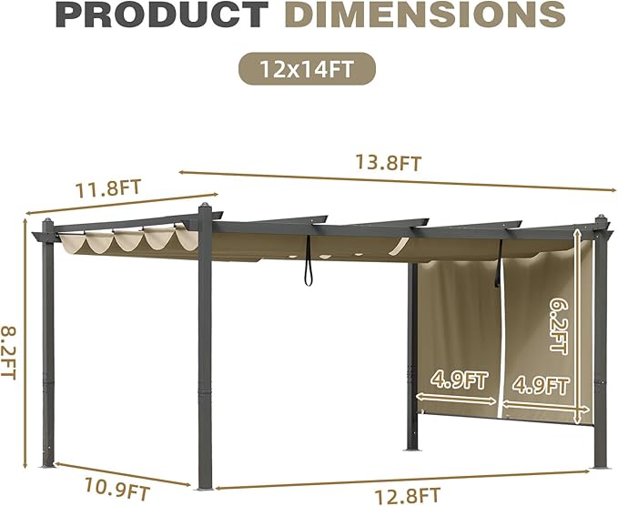 BPS 12x14 FT Outdoor Pergola - Retractable Shade Canopy with Aluminum Frame & Roller Shade Curtains for Patio, Backyard, or Deck, Khaki