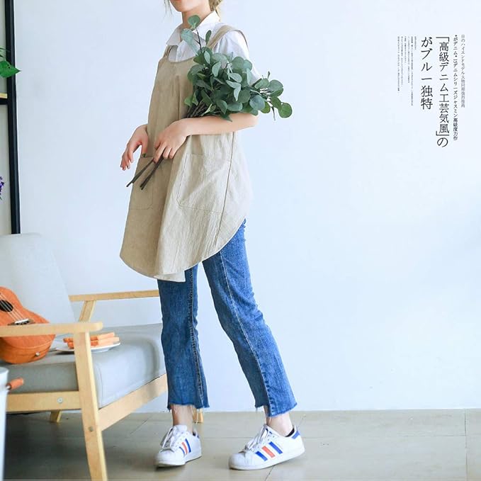 NEWGEM Japanese Linen Cross Back Cooking Aprons for Women Men with Pockets Cute for Baking Kitchen
