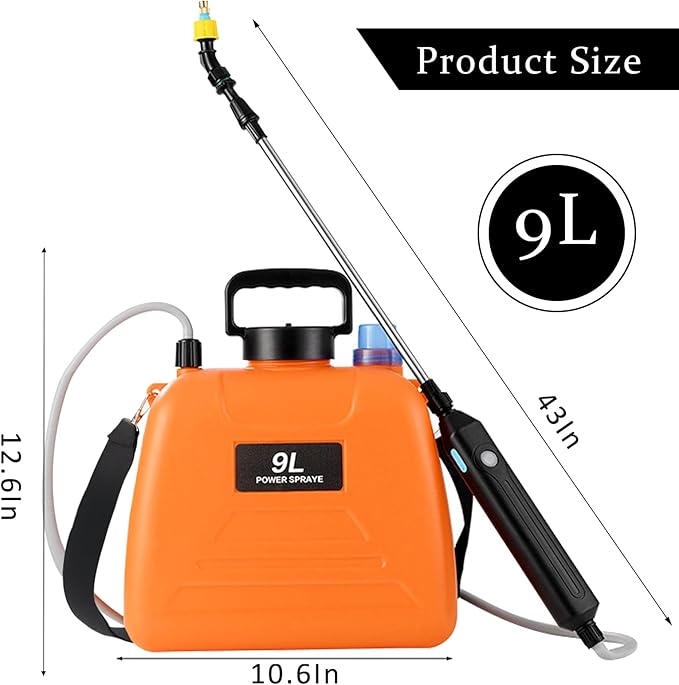 Battery Powered Sprayer 2.4 Gallon, 2025 Upgraded Electric Garden Sprayer, Automatic Power Weed Spray Battery Operated with Adjustable Shoulder Strap and Rechargeable Handle, 3 Mist Nozzles (Orange)