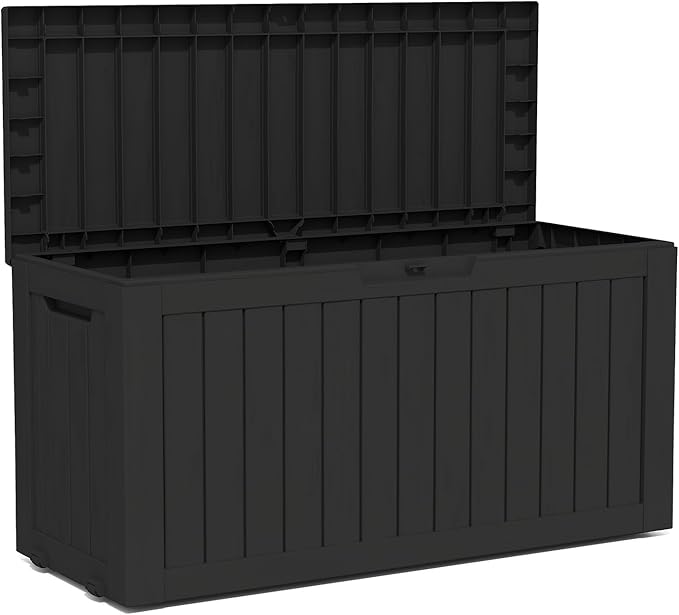 TARKARI 90 Gallon Lockable Resin Deck Box with Wheels, Waterproof & UV-Resistant Outdoor Storage Box for Outdoor Cushion Storage, Garden Tools & Pool Accessories Storage, Black