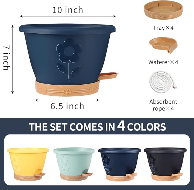 Plastic Plant Pots 10 Inch Set of 4, Self Watering Pots with Drainage Holes, Saucer & Reservoir, Flower Pots for Indoor/Outdoor Plants, Decorative Nursery Planting Pots (Multicolor)