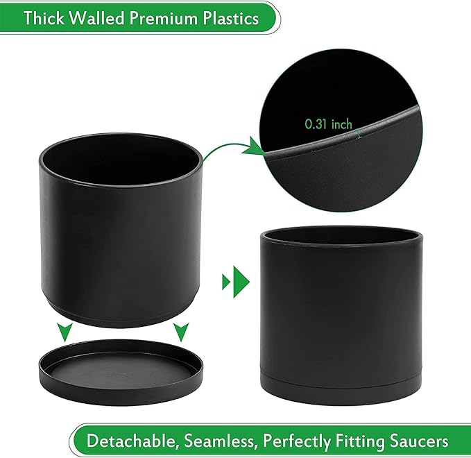 D'vine Dev 2 Pack 10 Inch Modern Plastic Plant Pots, Small Garden Planters for Plant with Drainage Holes and Saucers, Black Color, 74-Y-N-1