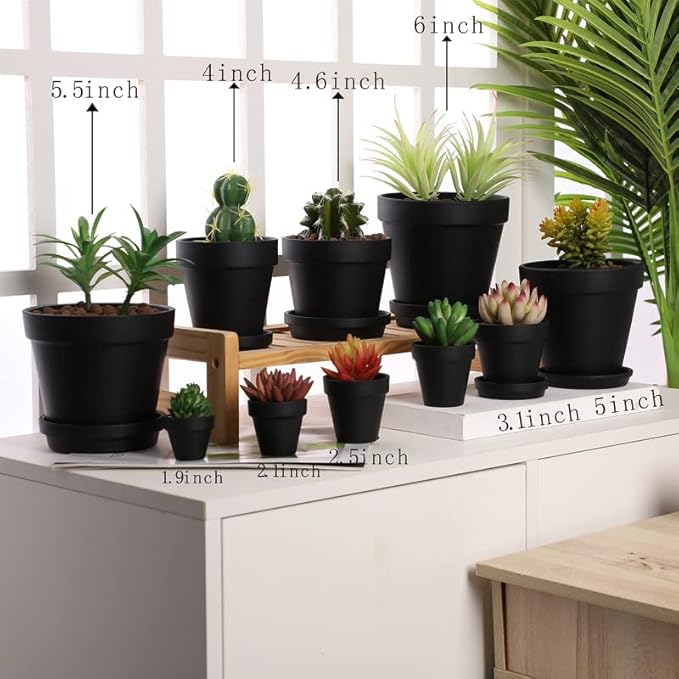 Black Terra Cotta Pots with Saucer- 6-Pack Small Terracotta Pot Clay Pots 4'' Clay Ceramic Pottery Planter Cactus Flower Pots Succulent Pot with Drainage Hole- Great for Plants,DIY Craft Projects