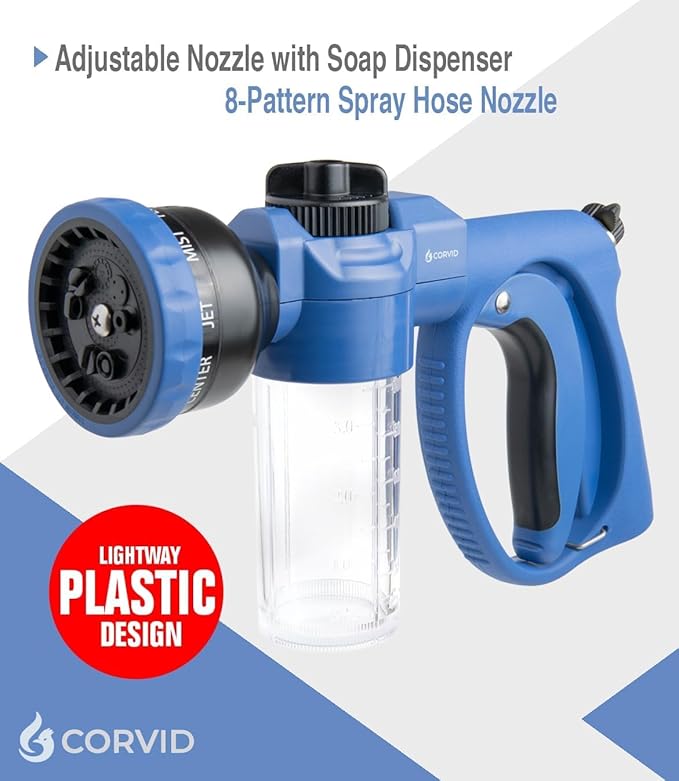 20-Pack Corvid Adjustable Nozzle with Soap Dispenser, 8-Pattern Spray Hose Nozzle for Cleaning Cars, House, and Pets - Lightweight Plastic Design