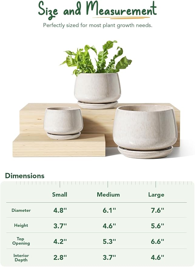 LE TAUCI Plant Pots, 4.1+5.1+6.5 inch, Set of 3, Ceramic Planters with Drainage Hole and Saucer, Indoor Flower Pot with Hole Mesh Pad, Gifts for Mom, Reactive Glaze Beige