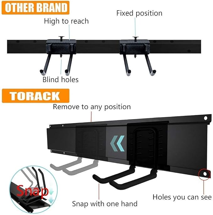 TORACK Tool Storage Rack, Heavy Duty Steel Garage Wall Mount Garden Tool Organizer for Ladders, Chairs, Shovels, Broom, Power tools (8-Pack 5.7"-11" Mixed Hooks, up to 800 lbs)