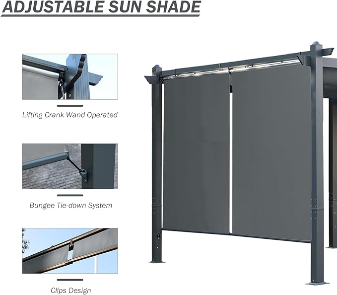 BPS 12x20 FT Outdoor Pergola - Retractable Shade Canopy with Aluminum Frame & Roller Shade Curtains for Patio, Backyard, or Deck, Gray