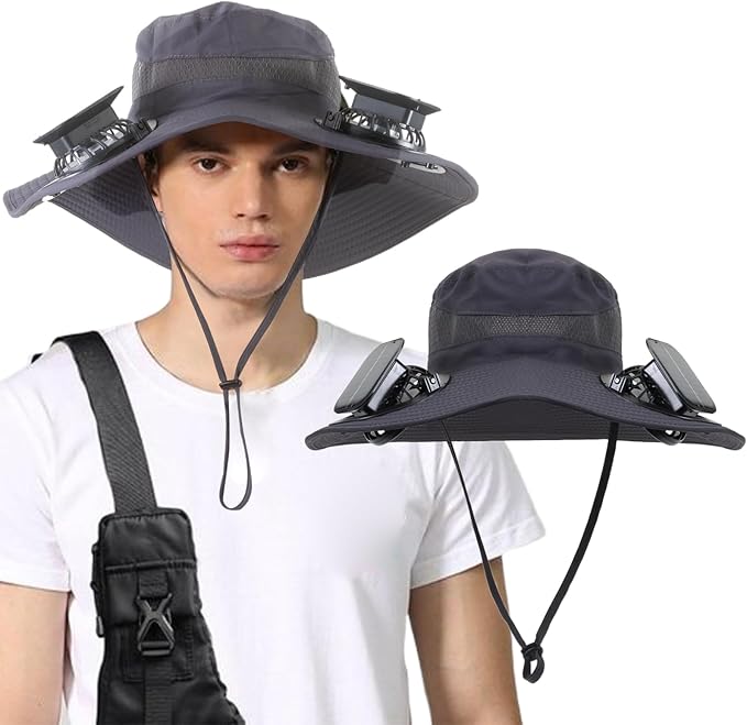 Wide Brim Solar Fan Outdoor Fishing Hat with 2 Solar Fan UPF 50+ Sun Bucket Hat Waterproof Breathable Fishing Hat Bucket Hat