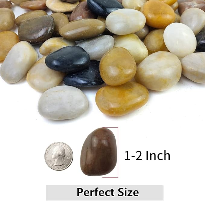 40lbs Pebbles for Landscaping Garden Indoor Plants, 1-2 Inch Mixed Color High Polished River Rocks Outdoor Decorative Stones Outdoor Vase Filler Fish Tank Aquariums and Indoor DIY