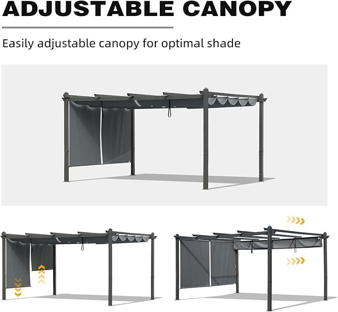 BPS 12x14 FT Outdoor Pergola - Retractable Shade Canopy with Aluminum Frame & Roller Shade Curtains for Patio, Backyard, or Deck, Gray