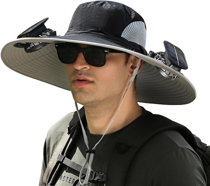 Men's Solar & USB Charging Wide Brim UPF50+ Sun Hat with Dual Fans for Outdoor Activities (Black, Medium)