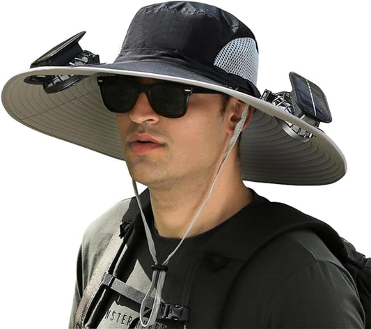 Men's Solar & USB Charging Wide Brim UPF50+ Sun Hat with Dual Fans for Outdoor Activities (Black, Medium)