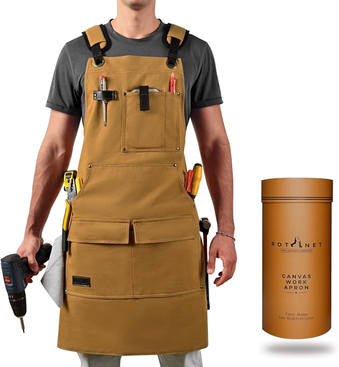 ROTANET Woodworking Apron for Men, Canvas Work Aprons Waterproof Heavy Duty Tool Pockets for Shop Carpenter Woodworkers Gifts