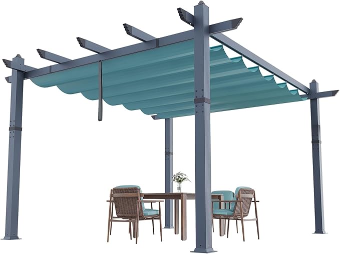Garvee 10x13 Ft Aluminum Pergola with Retractable Canopy Metal Gazebo for Modern Backyard Deck Porch Grape Trellis(Blue)