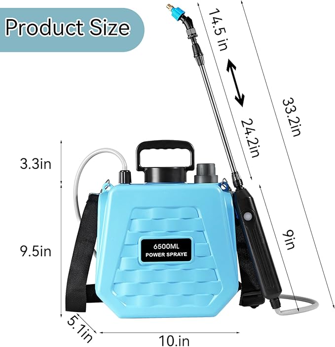 Battery Powered Sprayer 1.7 Gallon, Upgrade Powerful Electric Sprayer with 3 Mist Nozzles, Rechargeable Handle, Retractable Wand, Garden with Adjustable Shoulder Strap for Lawn,Garden,Cleaning