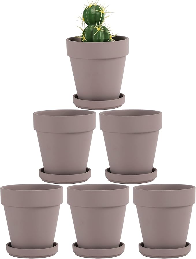 Fcacti 4 Inches Small Grey Terracotta Pots with Saucer, 6 Pack 4" Terra Cotta Planter with Drainage Holes, Small Clay Flower Pots for Plants, Succulents, Crafts, Wedding Favor