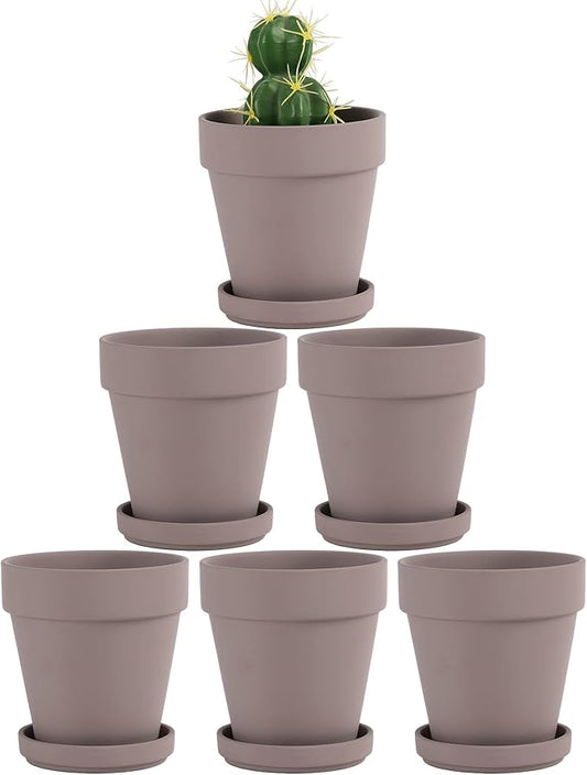 Fcacti 4 Inches Small Grey Terracotta Pots with Saucer, 6 Pack 4" Terra Cotta Planter with Drainage Holes, Small Clay Flower Pots for Plants, Succulents, Crafts, Wedding Favor